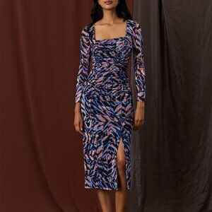 NWT Donna Morgan Lavender And Teal Ruched Bodice Mesh Midi Dress